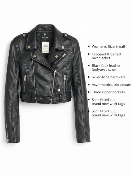 Windsor Faux Leather Moto Jacket Womens Small Black Cropped Belted NWT - Picture 2 of 10